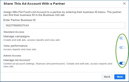 Facebook business manager interface showing how to share ad manager with a partner