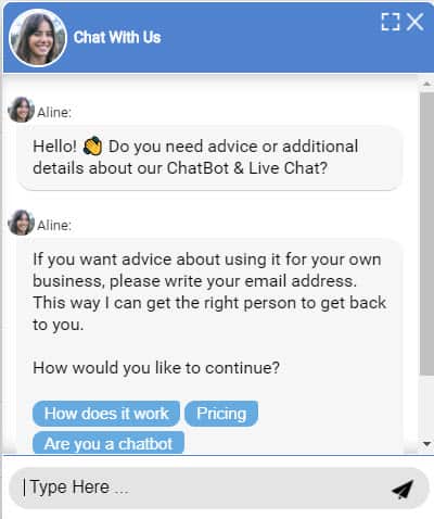 Example of a typical Chatbot pop-up window with a picture of the customer support person