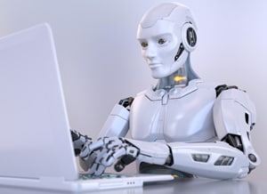 Robot working with laptop representing the concept of a Chatbot with Artificial Intelligence (AI)