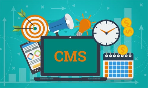 An illustration of marketing concepts around a computer with content management system CMS on screen