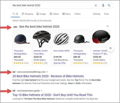 Example of digital advertising results when searching to buy a specific product like bike helmets