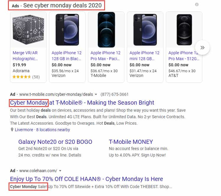 Sample of how paid search ads can be used for promotional advertising like Cyber Monday deals