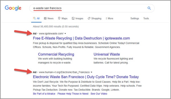 Text based ad as an example of digital advertising for I Got E-waste in San Francisco, California