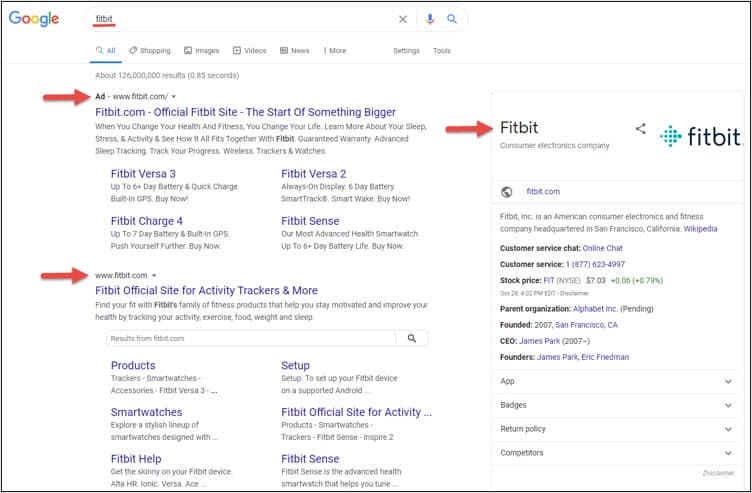 Screenshot of Google results page when using a branded search for Fitbit to displace competition