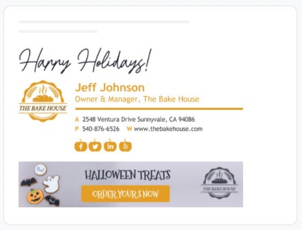 An example email signature design with company contact information and holiday banner ad underneath