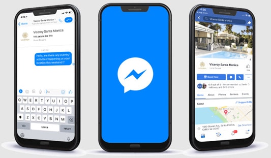 Screenshots shown on three different smartphones of how Facebook Messenger App works for business