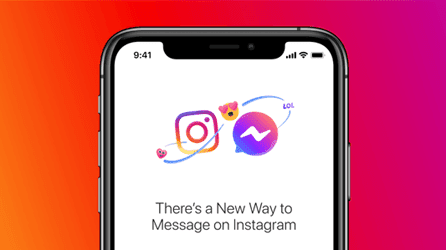 Smartphone display with Instagram and Facebook Messenger icons connected by a wavy line with emojis