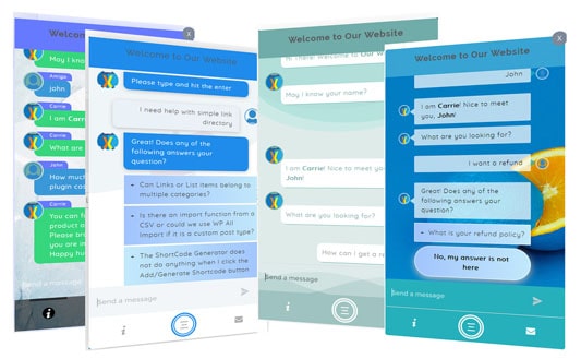 Various chatbot screen layouts standing up vertically on table together to highlight design options