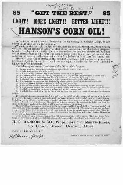 1860 advertisement for Hanson’s Corn Oil only has written text and no photographs or illustrations