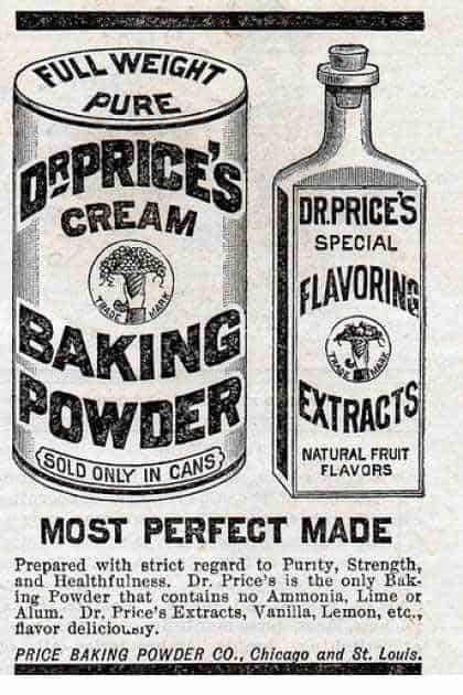 1887 advertisement for Dr. Price’s Products showing both written text with hand drawn illustrations