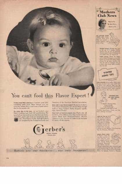 1949 advertisement for Gerber’s Baby Food with product photography of a real baby holding a spoon
