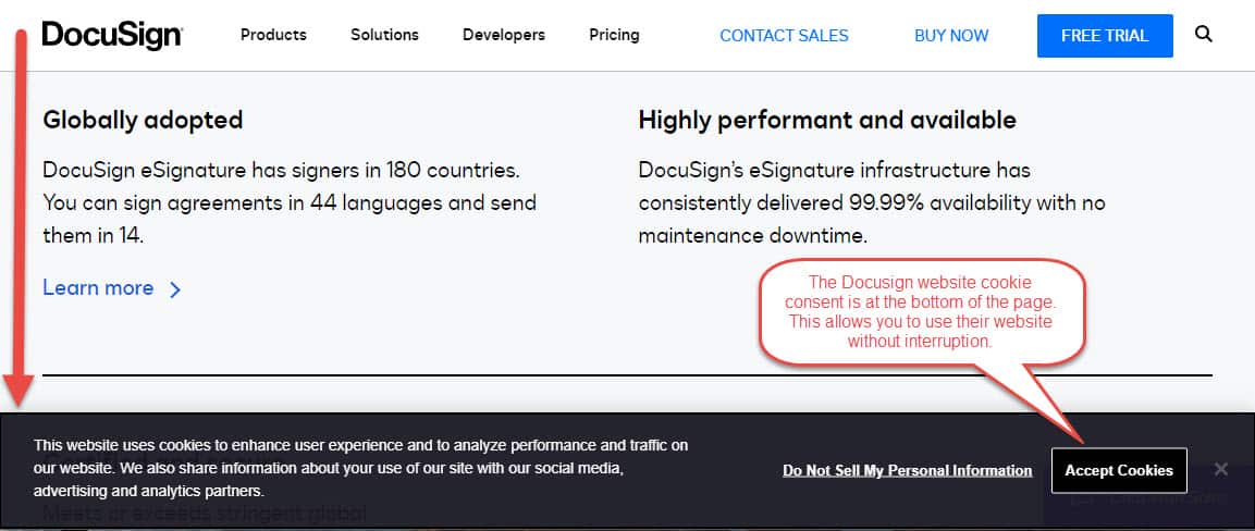 Screenshot of Docusign website with cookie consent form at bottom so it does not interrupt users