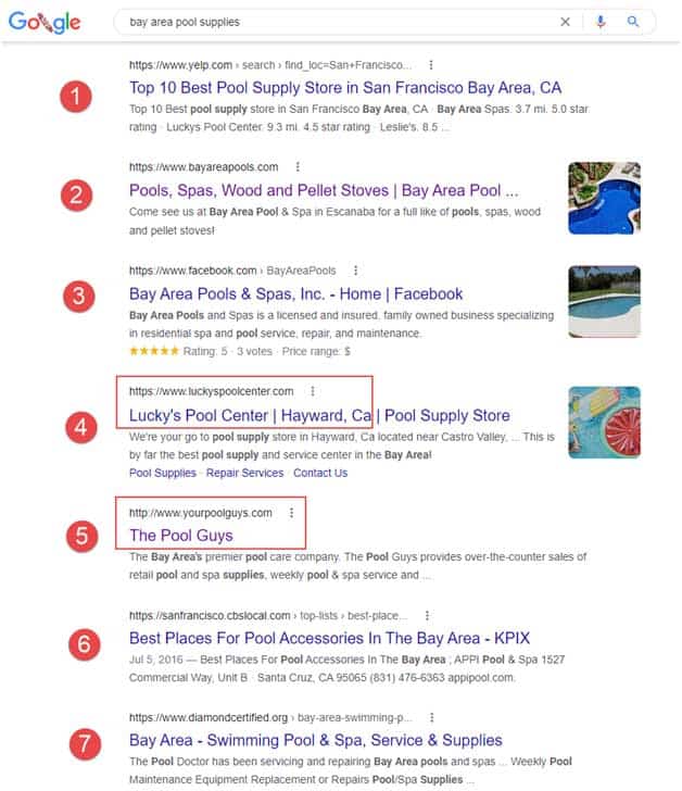 Google search engine results page after searching “bay area pool supplies” shows seven results