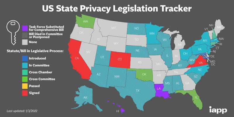Color coded map of the US showing states that passed or are planning to pass website privacy laws