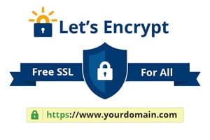 Let’s Encrypt logo with a banner under it showing a lock and the words free SSL for all with https