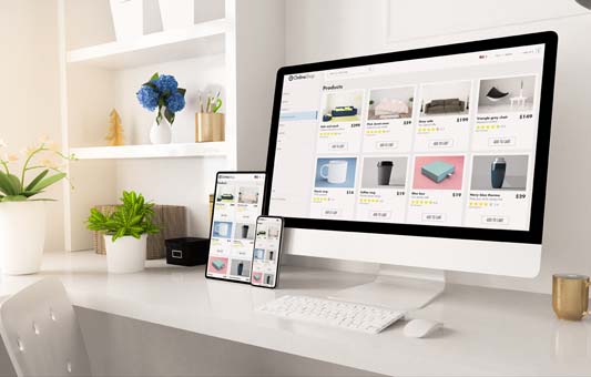 Multiple high resolution ecommerce product photos shown on desktop screen, tablet, and mobile device