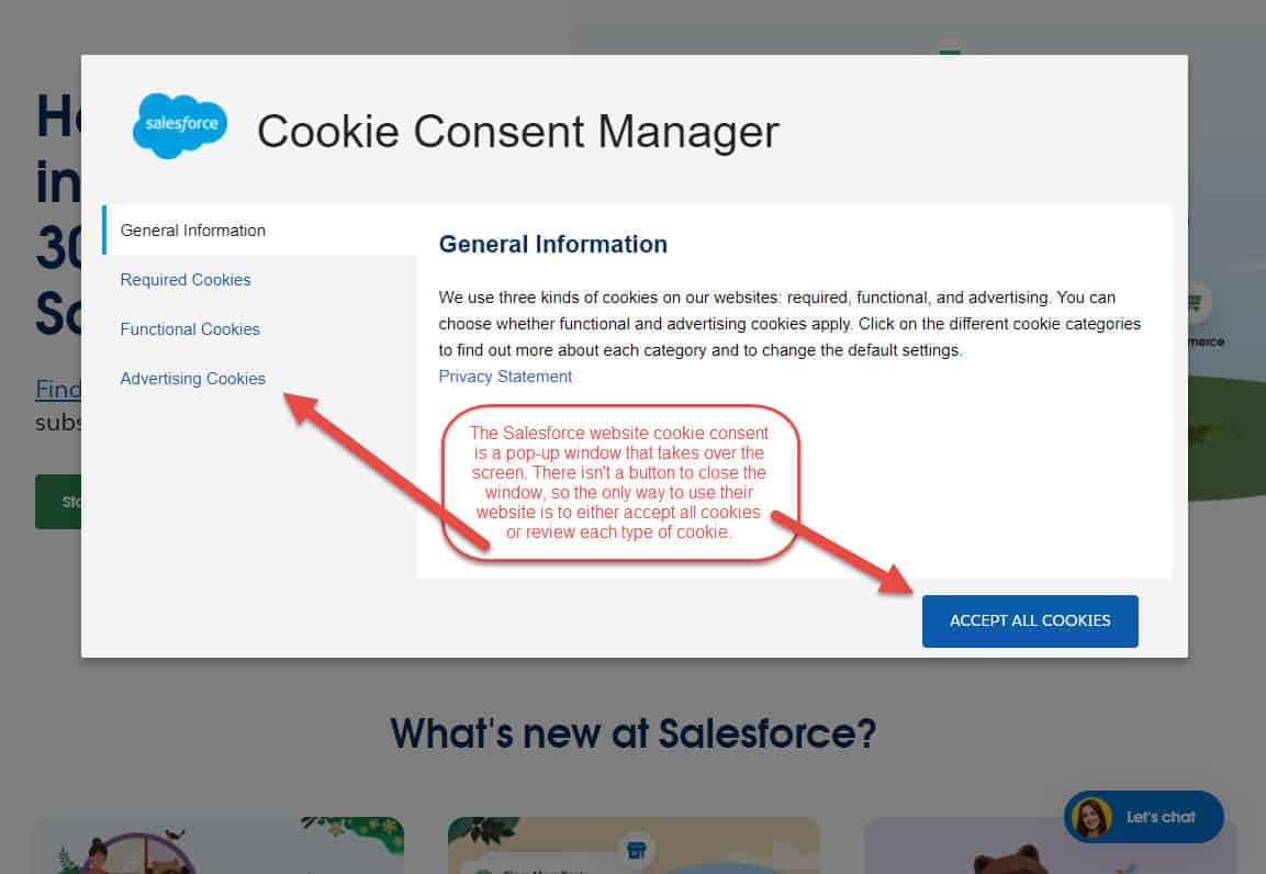 Screenshot of Salesforce website with cookie consent form taking entire screen to interrupt users