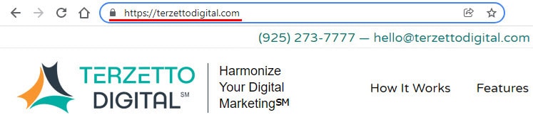 Screenshot of Terzetto Digital website showing the SSL lock which indicates secure https encryption