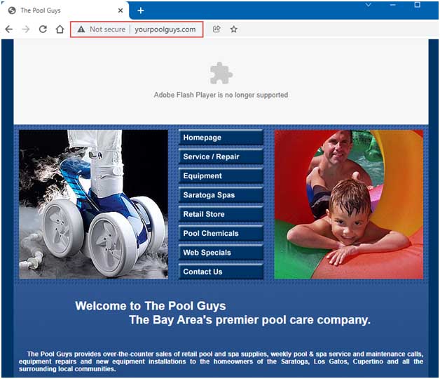 Google Chrome browser indicates “Not Secure” on a bay area pool supply website without SSL